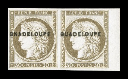 Yvert 12, 12a, Scott 12, 12 var., 1891 30c Brown with Guadeloupe provisional overprint, imperforate, Gnadeloupe variety being the left stamp in a right sheet-margin horizontal
pair se-tenant with normal, full large margins on the other thre