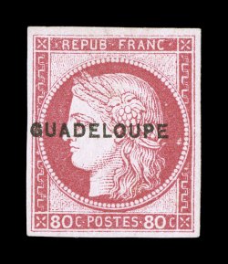 Yvert 13, Scott 13, 1891 80c Rose with Guadeloupe provisional overprint, imperforate, lovely mint example of this key value of this overprinted issue, possessing attractive
color on nicely tinted paper, large even margins all around, o.g., li