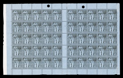 Yvert 14, 15, Scott 14, 15, 1891 1c Black on blue and 2c Lilac brown on buff with Guadeloupe provisional overprints, each a double pane of 50 with the right pane showing the two
spelling errors of Guadbloupe and Guadelonpe (positions 7 an