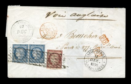 France Yvert 4, 6, 1849 25c Blue horizontal pair and 1Fr Carmine, attractive franking with rich colors, large margins to just in on one side of each, tied to exceptionally clean
1852 folded cover to France, stamps tied on arrival in Paris by Fre
