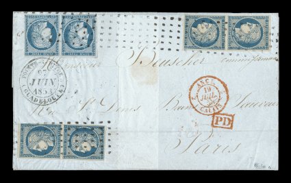 France Yvert 4, 1849 25c Blue, one horizontal pair and two vertical pairs making a very unusual and attractive combination to make the 1Fr50c single rate to France, all tied to
1853 folded cover by large point roller cancel on arrival, well stru