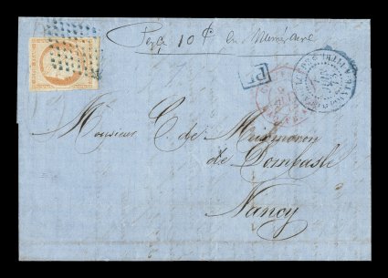 French Colonies Yvert 13, 1871 40c Orange, extra-large margins to just into the frame at bottom left, tied in single franking to extremely rare 1873 folded cover to France by
well struck blue lozenge cancel in the 8x8 points format, matching blu
