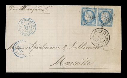 French Colonies Yvert 23a, 1872 25c Blue, Ty. III, horizontal pair, well clear to large margins, mild aging to cover slightly affecting the stamps, tied to folded cover to France
by black lozenge cancels, matching Paq. Fr.Pointe-a-Pitre Guade.