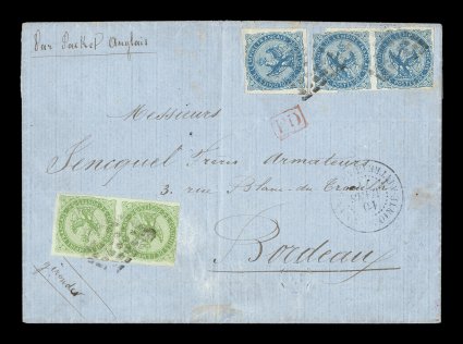 French Colonies Yvert 2, 4, 1859-65 5c Green horizontal pair and 20c Blue horizontal pair and single, large margins to just in at points, tied to 1871 folded cover by black
lozenge cancels, GuadeloupePointe-a-Pitre10 Mars 71 double-circle c.
