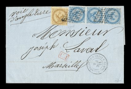 French Colonies Yvert 3, 4, 1859-65 20c Blue vertical strip of three with well clear to large margins all around, plus a 10c Yellow bister slightly cut in, tied to neat 1871
folded cover by black lozenge cancels, matching GuadeloupePointe-a-Pi
