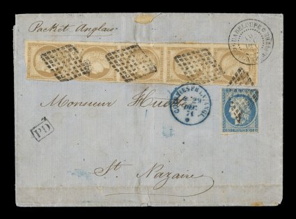 French Colonies Yvert 11, 12, 1871 10c Bister vertical strip of five and 20c Blue, strip has clear to extra-large margins all around just touching at one point at top, tied to
1871 British packet folded cover to France by bold 8x8 large-point lo