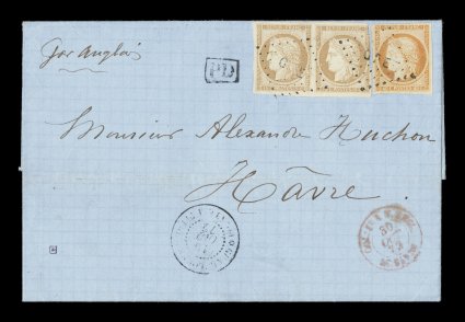 French Colonies Yvert 13, 22, 1871-72 40c Orange and 15c Bister horizontal pair, attractive franking with mostly large margins, cutting in at right of pair, tied to exceptionally
fresh folded cover to Havre, France by clear strikes of the rare 