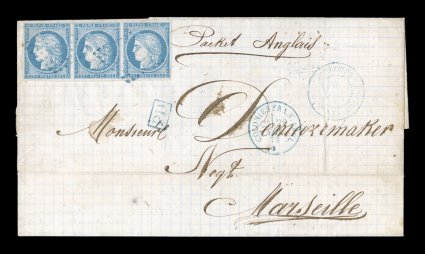 French Colonies Yvert 23, 1872 25c Blue, Ty. I, horizontal strip of three, clear to large margins all around and bright attractive color, tied to 1873 folded cover to France by
blue lozenge cancels, matching GuadeloupePointe-a-Pitre9 Nov. 73