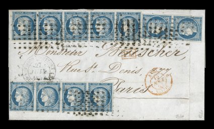 France Yvert 4, 1849 25c Blue, horizontal strips of four and five plus a vertical pair (bottom stamp folded over right edge and cover slightly refolded to show the entire
franking), this impressive franking is tied to a double-rate folded cover