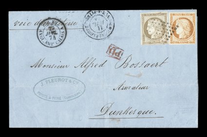 French Colonies Yvert 13, 20, 1871-72 40c Orange and 30c Brown, attractive singles with excellent colors and well clear to large margins all around, paying the single 70c British
packet rate, just tied to 1874 folded cover to France by black loz