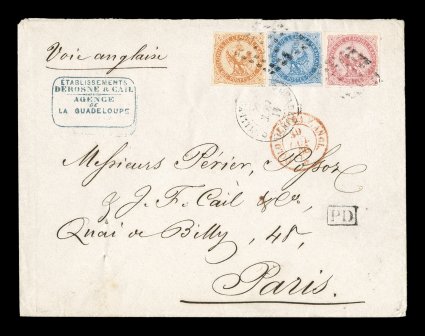 French Colonies Yvert 4, 5, 6, 1859-65 20c Blue, 40c Vermilion and 80c Rose, lovely four-margined singles of each in a beautiful three-color franking paying the double British
packet rate to France, tied to fresh and attractive 1866 cover to Fra