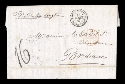 1867 Basse Terre unpaid stampless entire letter to France by British packet, a double-rate letter being charged the premium rate of 1Fr60c, well struck black
GuadeloupeBasse-Terre16 Mars 67 double-circle c.d.s. with similar strike on the reve