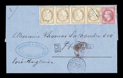 French Colonies Yvert 10, 22, 1871-72 80c Rose and 15c Bister horizontal strip of four, an impressive franking with a nice combination of the 80c Napoleon with the 15c Ceres
issue, each with well clear to large margins and bright colors creating