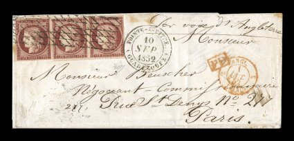 France Yvert 6, 1849 1Fr Carmine, single and horizontal pair tied to double-rate 1852 folded cover to France by both the French roller grill cancel on arrival and the black
Pointe-a-PitreGuadeloupe10 Sep. 1852 double-circle c.d.s. that just