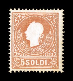 Sassone 30, 1859 5s Red, Ty. II, mint single that is fairly well centered for this, fresh color on bright paper, nice full even perforations, fresh full o.g., nearly very fine
signed M. Jamet, E(nzo) D(iena) (Scott 10 $425.00).
