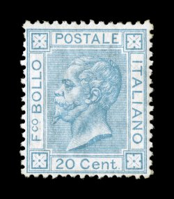 Sassone T26, 1867 20c Blue, Turin printing, a well centered mint single, clear light blue color and sharp impression on unusually bright white paper, o.g., lightly hinged, very
fine and choice Sassone catalog value is for excellent centering (S