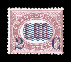 Sassone 33, 1878 2c on 1L Lake, lovely pristine mint single, especially fresh and possessing the light pastel shade, attractive deep blue surcharge, o.g., n.h., usual fine
centering a choice never hinged example of this scarce value signed Fie