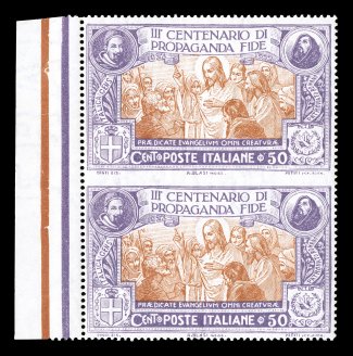Sassone 133h, 1923 50c Propagation of the Faith, vertical pair imperforate between, an attractive and well centered example of this scarce variety, strong radiant colors on
bright paper, o.g., very lightly hinged, very fine signed A. D(iena) (S