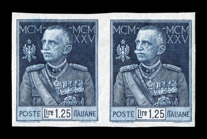 Sassone 188e, 1925 1.25L King Victor Emmanuel, imperforate, horizontal pair with wide margins all around, exceptionally fresh with rich color and sharp impression, o.g., n.h.,
choice very fine (Scott 177b $825.00).