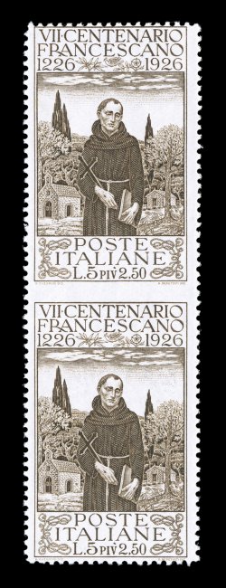 Sassone 197l, 1926 5L+2.50L Saint Francis of Assisi, vertical pair imperforate between, well centered example of this scarce variety, strong color and impression, o.g., lightly
hinged, very fine unlisted in Scott (Scott 183 var.).