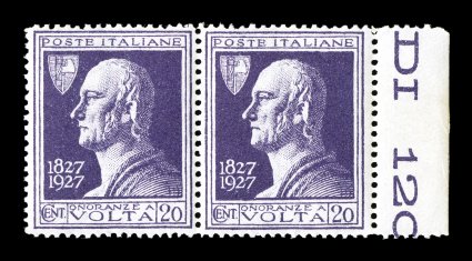Sassone 210A, 1927 20c Violet Volta issue, in a fresh rich violet color that was used in the Italian colonies with various overprints but was never intended to be issued without
overprint, a lovely right sheet-margin horizontal pair with a porti