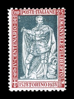 Sassone 227b, 1928 25c Emmanuel Philibert, perforated 11x13 12, a rare combination perforation of the two different gauges used for this issue, quite well centered for this,
fresh bright color, o.g., n.h., nearly very fine not listed in Scott