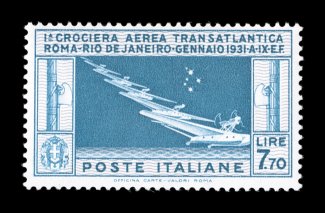 Sassone PA25, 1930 7.70L Transatlantic Squadron, fresh mint single, attractive colors on bright white paper, o.g., n.h., very fine signed D. Bolaffi (Scott C27
$725.00).