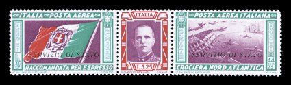 Sassone SA1, 1933 5.25L+44.75L Balbo North Transatlantic Flight air post official with Sevizio di Stato overprint, pristine mint triptych of this rare issue, well centered,
perforations are crisp and intact, o.g., n.h., very fine very rare in
