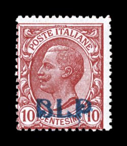 Sassone 1, 1921 10c Rose with lithographed blue B.L.P. overprint, Ty. I, fresh mint single with brilliant color on bright paper, o.g., n.h., centered to the bottom left and the
Sassone catalog value is for a poorly centered example which are f