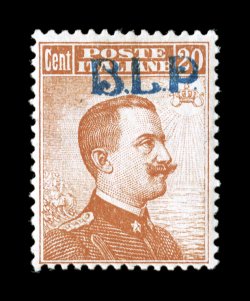 Sassone 2f, 1921 20c Orange with lithographed blue B.L.P. overprint, Ty. I, shifted overprint positioned at top, a lovely single of this variety, the stamp is very well centered
for these issues, bright color on white paper, o.g., light h.r.,