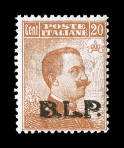 Sassone 15d, 1923 20c Orange with typographed black B.L.P. overprint, Ty. III, double overprint, fresh mint single of this unusual variety, it is noted in Sassone that the
second overprint is very light to be almost albino, on this example the
