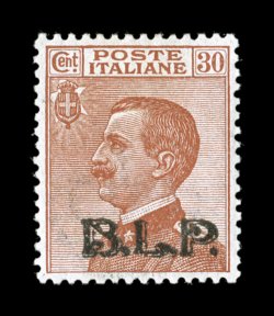 Sassone 17, 1923 30c Orange brown with typographed black B.L.P. overprint, Ty. III, a beautiful mint single possessing virtually perfect centering, a highly unusual feature on
any of the B.L.P. overprints, fresh with deep color and intense b