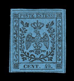 Sassone 10a, 1855 40c Black on dark blue, 49 for 40, an extraordinarily large margined mint single showing virtually complete dividing lines on all four sides, deep blue color,
full o.g., trivial h.r., extremely fine and a premium example of