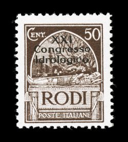 Sassone 12-20, 1930 5c-10L Hydrological Congress cplt., fresh mint set, bright colors, o.g., fine-very fine and attractive a scarce mint set (Scott Rhodes 29-37
$1,089.00).