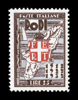 Sassone 74, 1932 25L Anniversary of Italian Occupation and Fascist Rule, exceptionally fresh mint example of this key high value, lovely colors on bright crisp paper, full even
perforations, o.g., n.h., choice very fine signed G. Oliva, Colla a