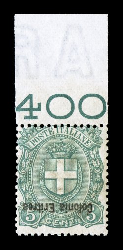 Sassone 14b, 1895 5c Green with Colonia Eritrea overprint, inverted overprint, handsome top sheet-margin mint single, fresh with rich color on bright paper, o.g., never hinged,
quite well centered for this variety, fine and attractive especia
