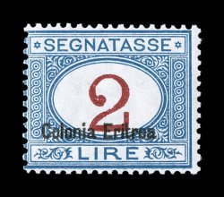 Sassone S22, 1925 2L Blue and carmine with Colonia Eritrea overprint at bottom, pristine mint single of the key value of the later postage due set, intense deep colors on
brilliant white paper, fresh o.g., n.h. normal fine centering (Scott J9