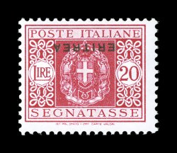 Sassone S38a, 1934 20c Carmine with Eritrea overprint, inverted overprint, brilliantly fresh mint example with bright color on white paper, o.g., n.h., very fine or this (Scott
17a listed but unpriced).