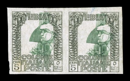 Sassone 23h, 1921 5c Black and green on watermarked paper, imperforate with central vignette shifted, handsome mint horizontal pair with wide even margins, strong colors on
bright paper, o.g., n.h., very fine the central vignette is shifted str