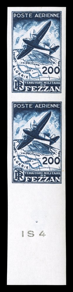 Sassone PA1 var.-2 var., 1948 100Fr Red and 200Fr Blue air posts, imperforate, complete in sheet-margin imperforate pairs, large margins all around, pristine fresh with
brilliant colors, o.g., n.h., extremely fine not listed imperforate in Scot