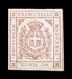 Sassone 17d, 1859 40c Rose carmine, period before Cent, attractive and fresh mint single, large to extra-large balanced margins showing complete dividing line at right and
portions of two others, full o.g., lightly hinged, very fine and choice