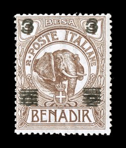 Sassone 36a, 1923 3b on 2c on 1b Brown, double surcharge of the 3b surcharge and lines, a pristine mint single of this overprint variety, fresh bright color, o.g., n.h., normal
fine centering, very fine for this a scarce variety that is not lis