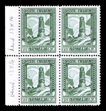 Sassone 172a, 1932 25c Green, combination perforation 14x12, left sheet-margin block of four, intense green color on white paper, o.g., n.h., fine-very fine a nice perforation
variety that displays well in a multiple not listed in Scott (Scott