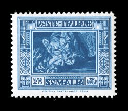 Sassone 230, 1938 25L Blue, perforated 14, key high value, intense blue color, fresh, well centered and surrounded by full even perforations. o.g., n.h., very fine (Scott 155a
$1,650.00).
