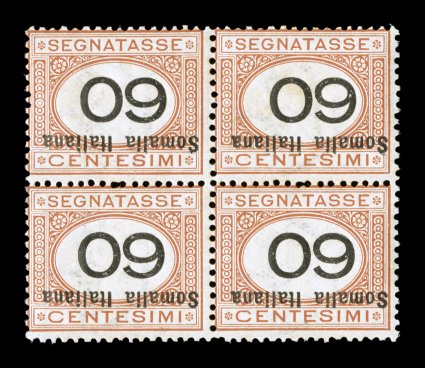 Sassone S47a, 1926 60c Orange and black, numeral and inscription inverted, fresh mint block of four, actually quite well centered for the postage dues, attractive colors, o.g.,
n.h., very fine (Scott J37a $1,100.00).