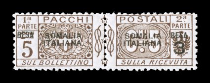 Sassone PP21b, 1923 SomalliaItalianaBesa 3 surcharge on 5c Brown, numeral omitted at left, attractive and pristine mint single, strong rich color on bright paper, very well
centered, o.g., n.h., very fine unlike the rest of the set this low