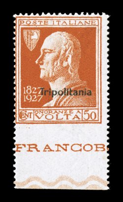 Sassone 44g, 1927 50c Volta with Tripolitania overprint, imperforate at bottom, bottom sheet-margin single showing a portion of the marginal inscription, an attractive example
of this perforation error with rich orange color, o.g., n.h., fine