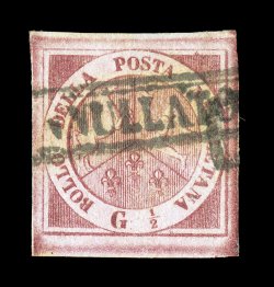 Sassone 2, 1860 12gr Carmine, plate II, lovely used single with exceptionally fresh deep color and sharp impression, large balanced margins all around, boxed Annullato handstamp,
extremely fine signed L. Miro (Scott 1b $550.00).