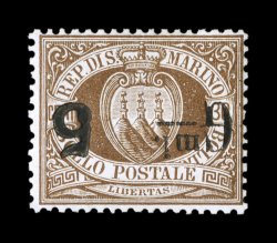 Sassone 9a var., 1892 Cmi. 5 surcharge on 30c Brown, inverted surcharge with extra-large 5, a select mint example of this inverted variety, rich brown color on fresh white
paper, intense black surcharge with the 5 being particularly bold,