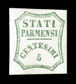 Sassone 12, 1859 5c Blue green, lovely mint example of this scarce provisional government value, large margins all around, intense deep color and highly detailed impression, full
o.g. that has only been very lightly hinged, choice very fine sig